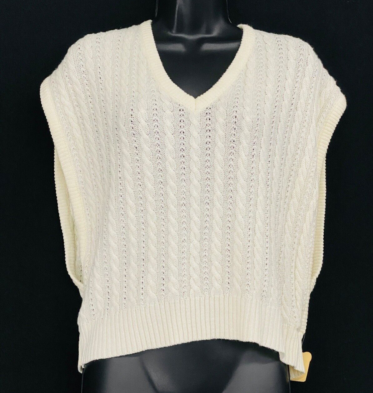 Vintage 1970s white sweater vest oversized knit top 1980s V neck deep sides