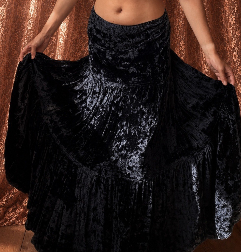 1990s dark blue heavy crushed velvet full sweep skirt