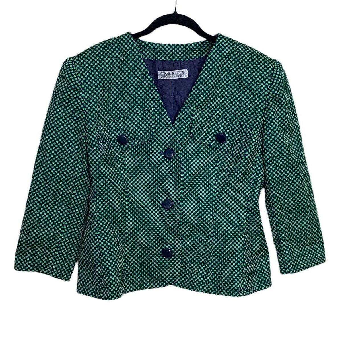 Givenchy Blazer Vintage 70s Green & Navy Blue Polka Dot size 10
