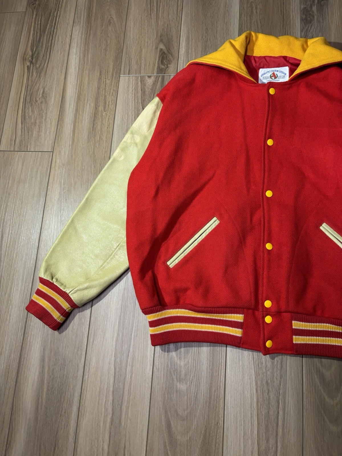 Vintage Letterman Jacket Red Yellow Trojan Woman’s Size L/XL Sailor Collar