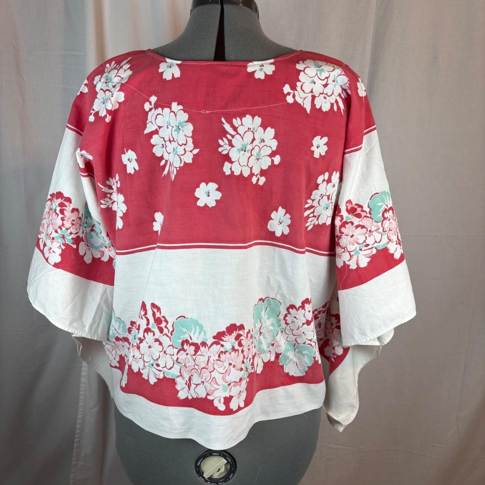 OS Plus Vintage Handmade Floral Tablecloth Caftan Top Red Wht Turquse Split Neck