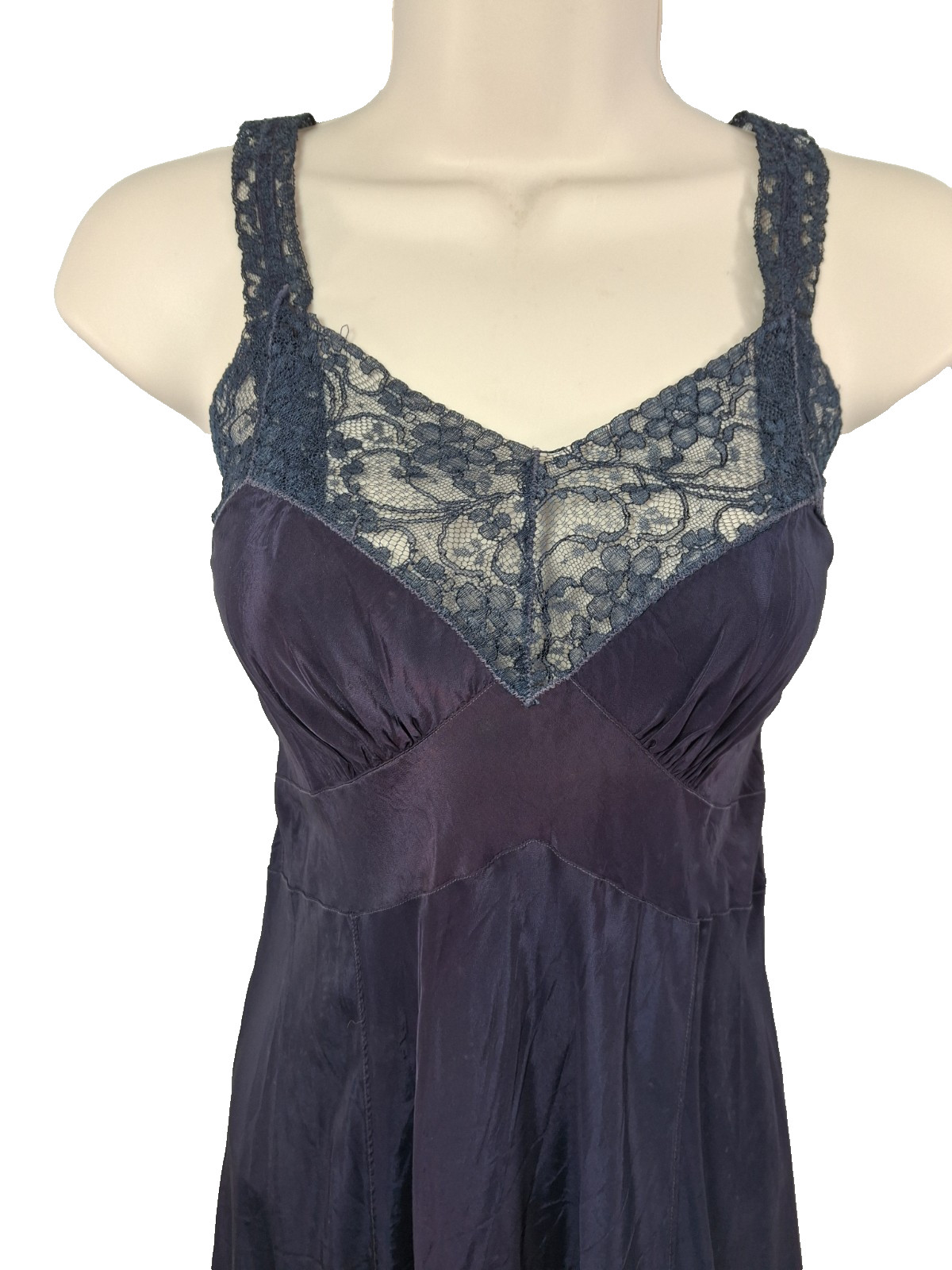 Vintage 50s Sears Charmode Navy Blue Nightgown Slip Dress Lace Trim Size 34