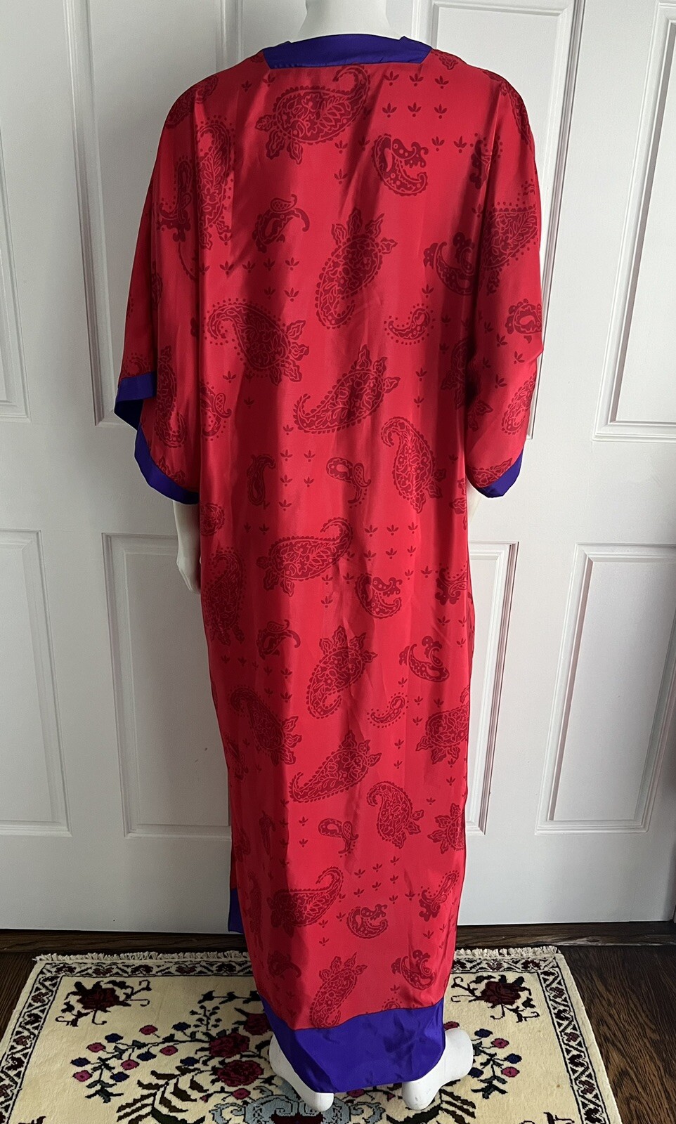 Vintage 1980s Oscar de la Renta Red Purple Silk Paisley Kaftan Lounge Dress O/S