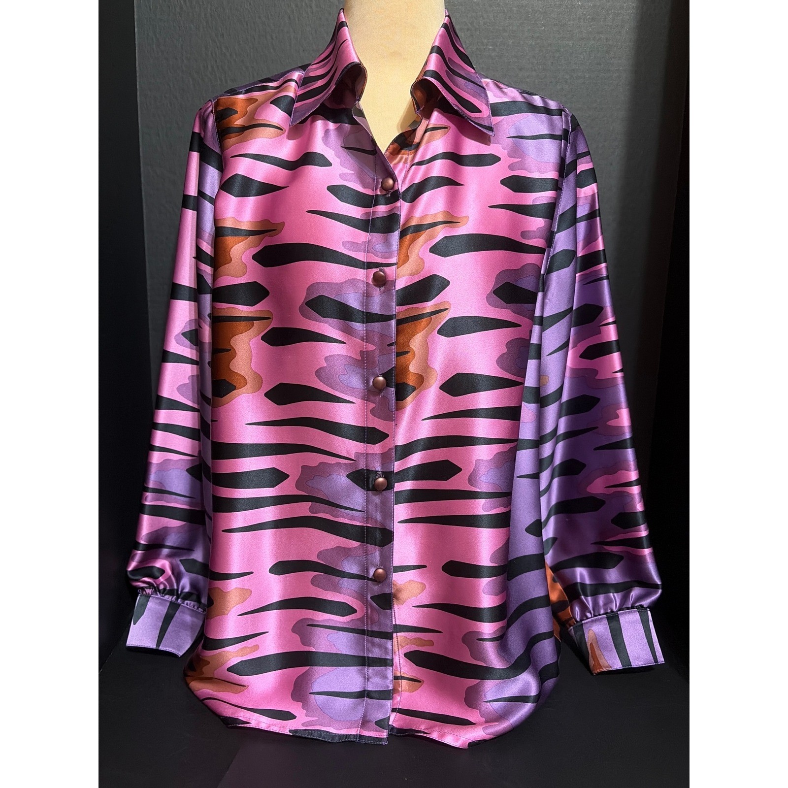 Vintage Pink Purple Abstract Tiger Stripe Satin Button Down Blouse Suk-Hui Ltd.
