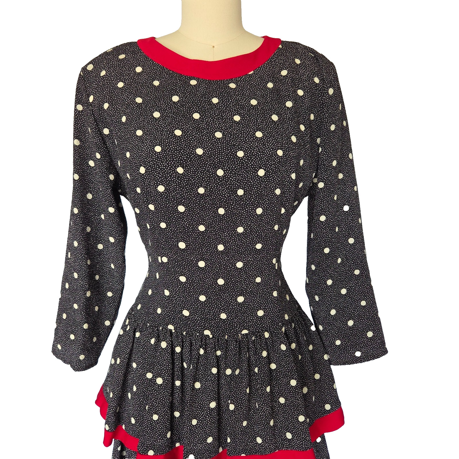 Vintage 80s Polka Dot Mini Dress Size M 8 Black Red Tiered Skirt Long Sleeve