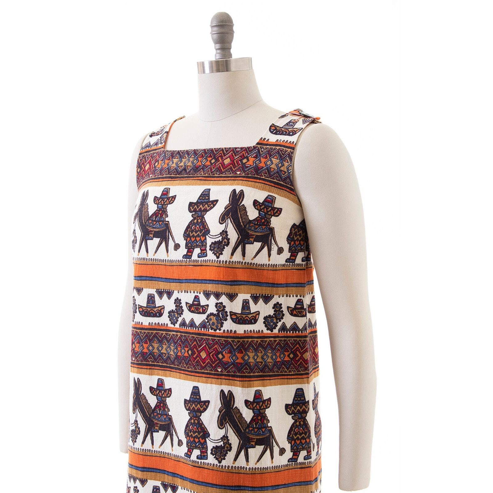 Vintage 1960s Sundress 60s Mexican Striped Novelty Print Cotton Shift Dress
