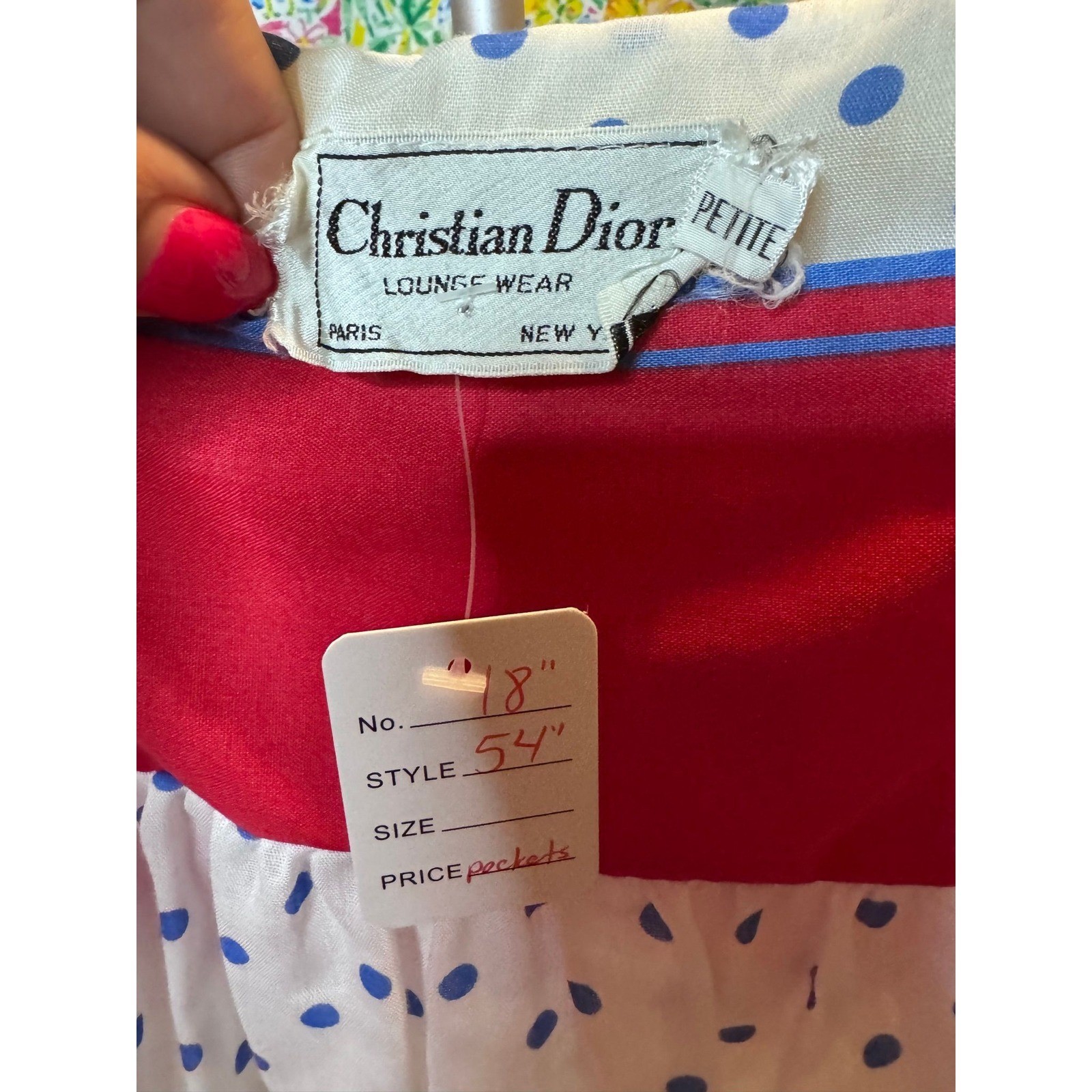 136 Christian Dior Vintage Polka Dot Maxi Nightgown Blue Pink White Pockets
