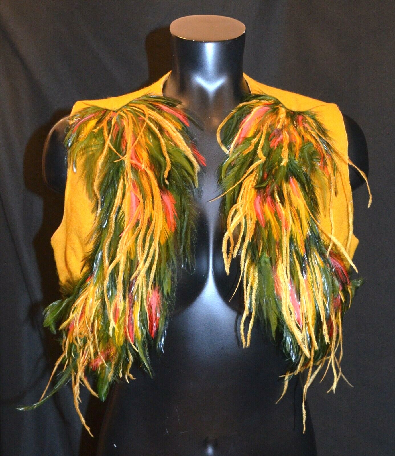 Unbranded Vintage 1970s Yellow Wool Multi Color Feather Cropped Vest sz L