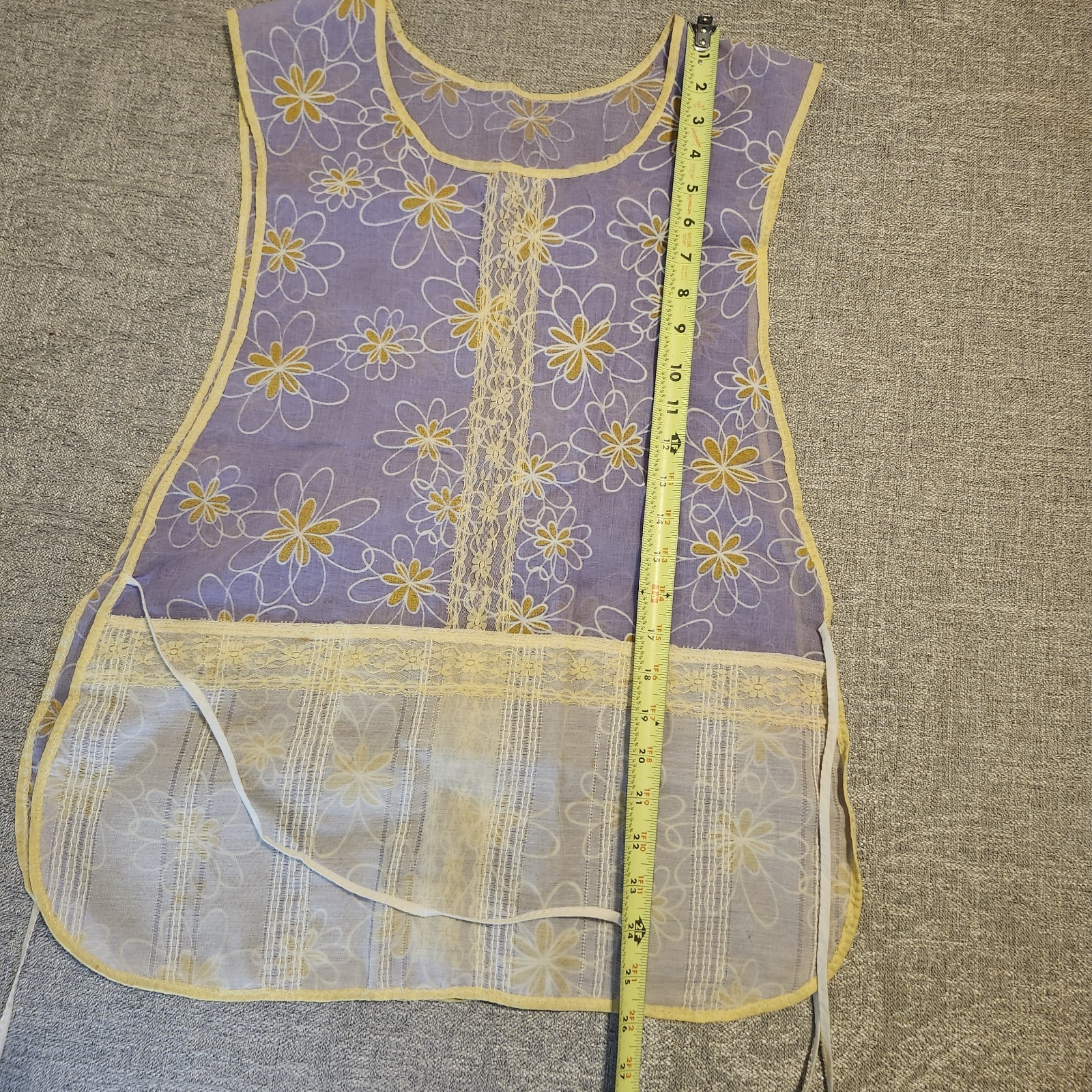 Vintage Sheer Cobbler Apron Smock w/ Pockets & Ties Lavender Yellow Floral Lace