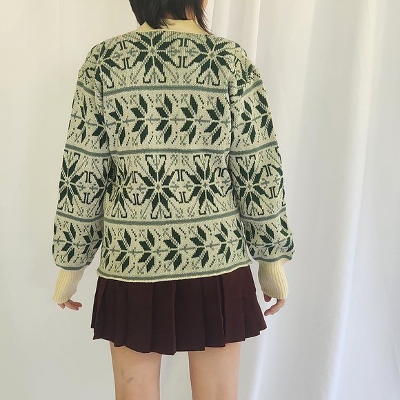 60s Green and Cream Wool Cardigan