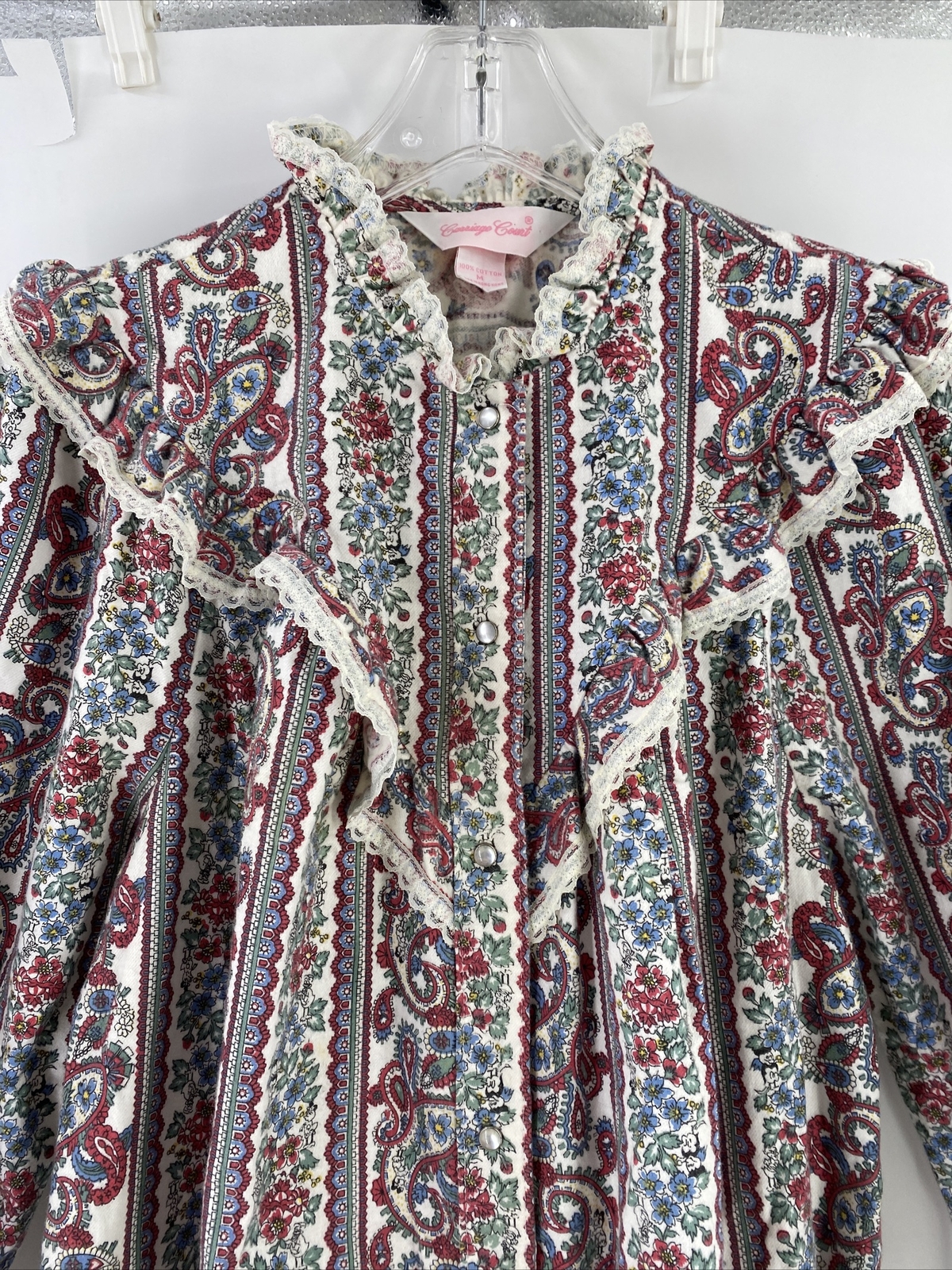 Vtg Woman Carriage Court Nightgown M Flannel Paisley Floral Pearl Snap Front