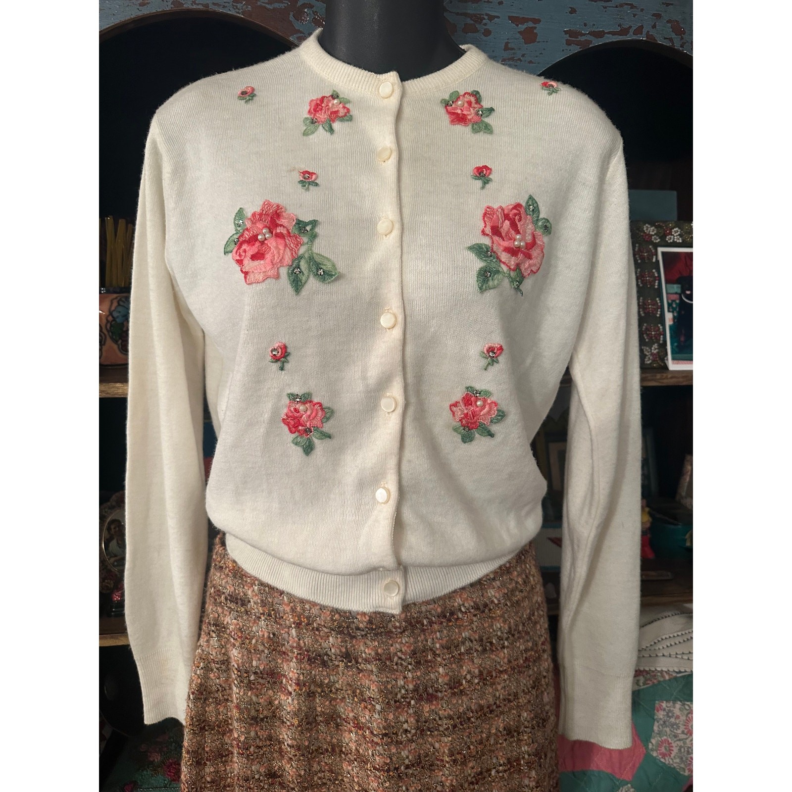 VINTAGE 50’s ORLON EMBROIDERED CARDIGAN ROSES PEARLS BEADS RHINESTONES