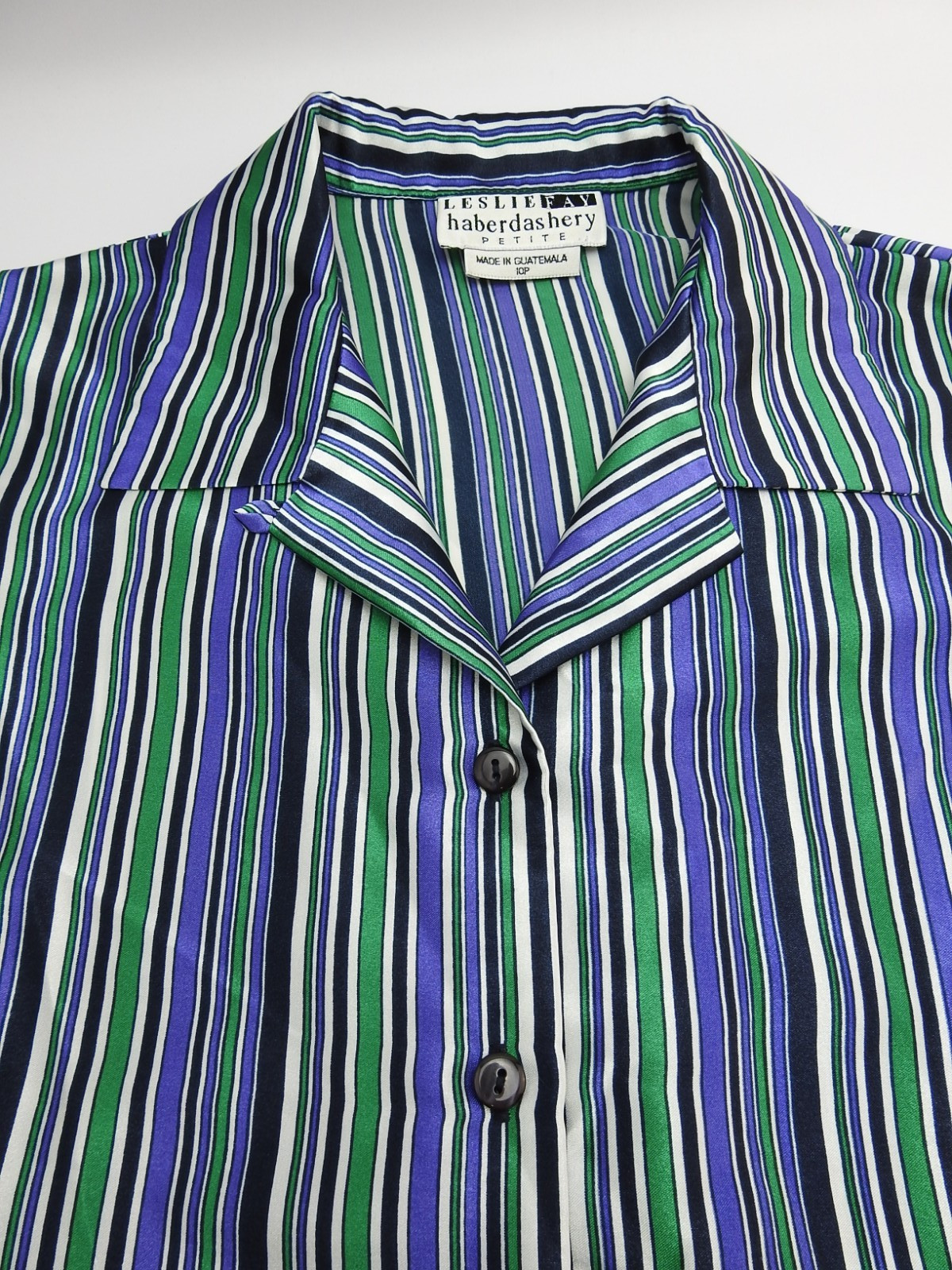 Vintage Leslie Fay Petite Size 10 Striped Button Front Blouse Statin Purple