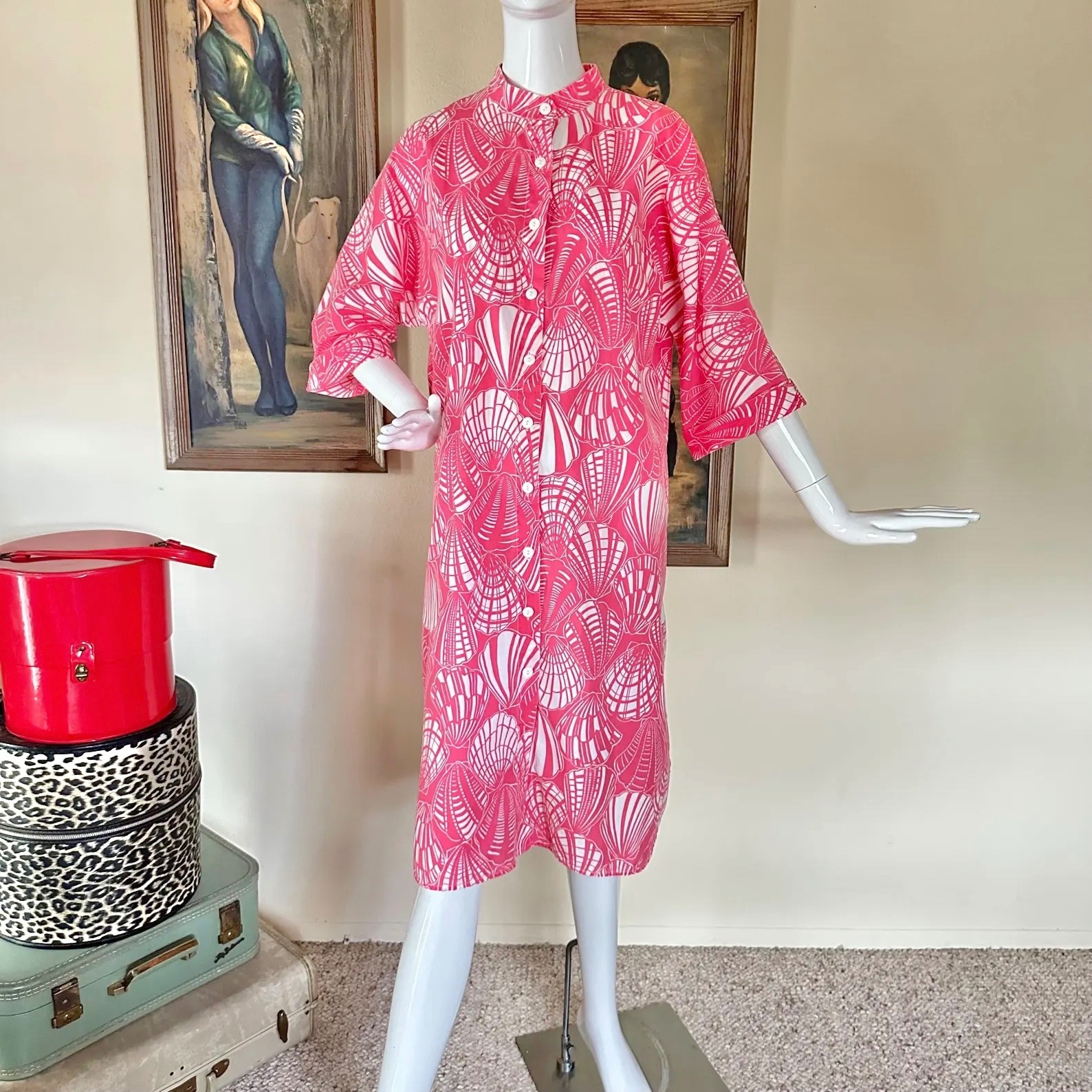 Vintage 70s Mr Hank Preppy Hot Pink Seashells Print Beach Cover-up Shirt Dress L