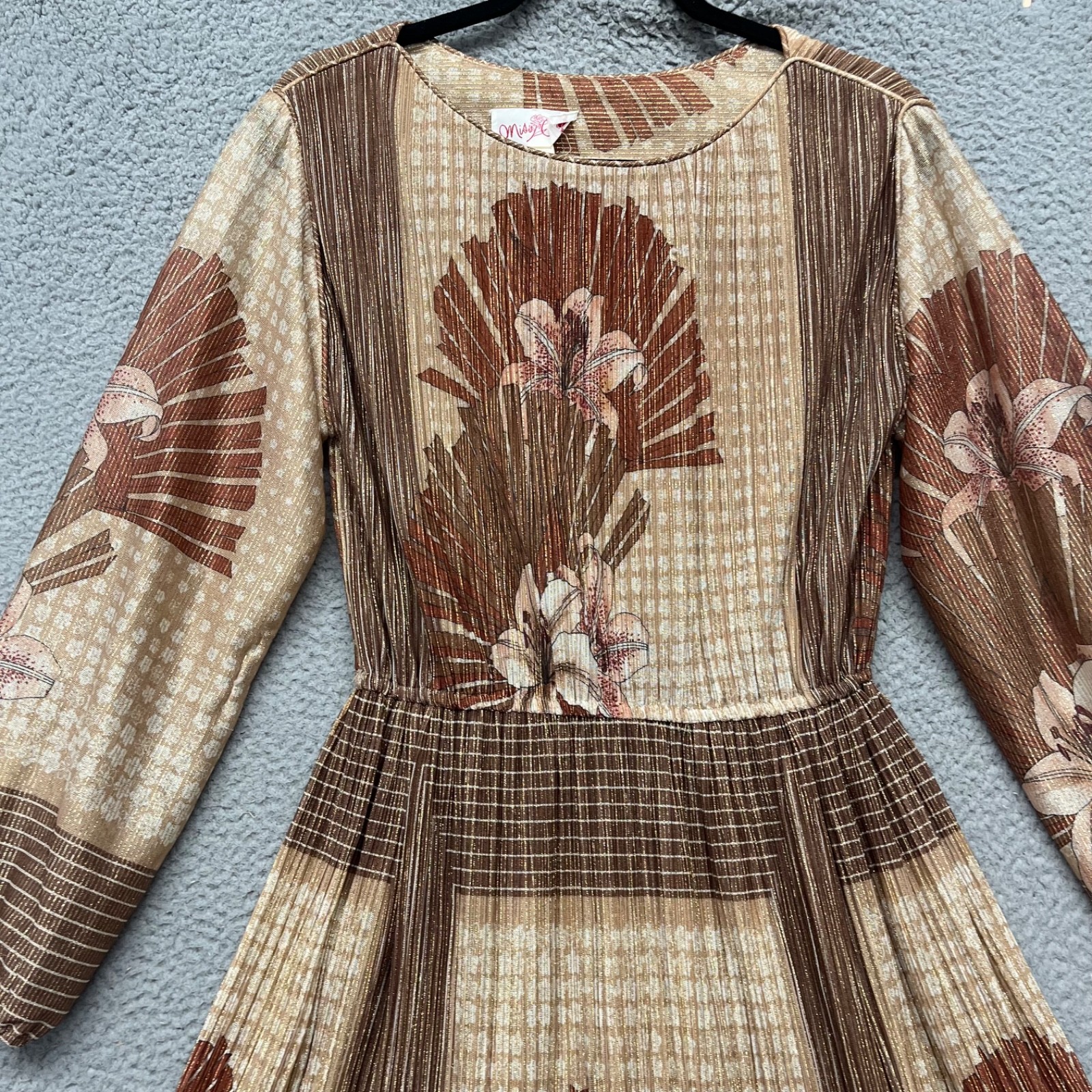 Vintage Dress Womens M Metallic Gold Floral Miss Carol Long Sleeve Classy 60’s