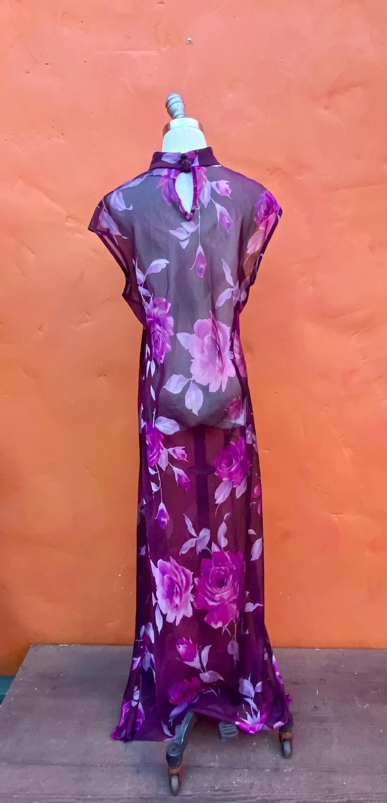 Vintage 1990s Sheer Floral Maxi Cheongsam Dress. Festival Glam Grunge Rave Pinup