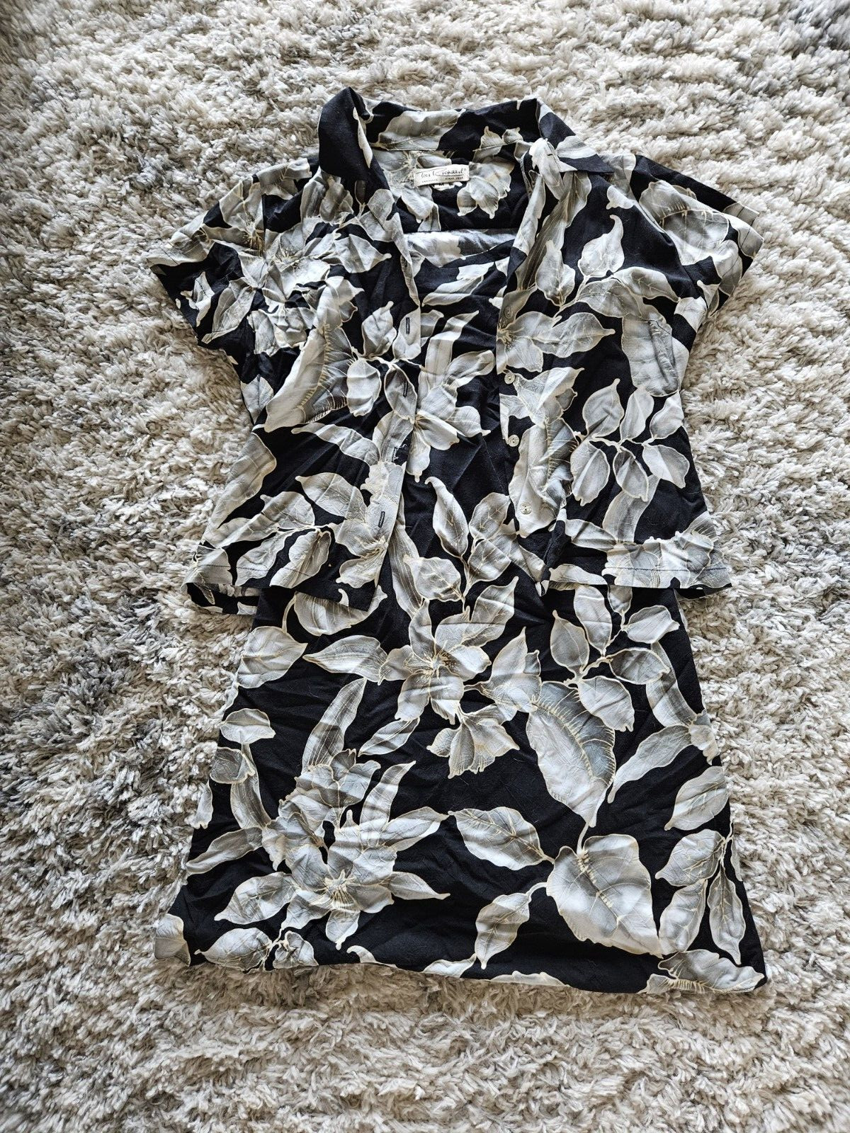 Vintage Tori Richards Honolulu Shirt Dress Set Medium Black Gray Hawaiian Flower