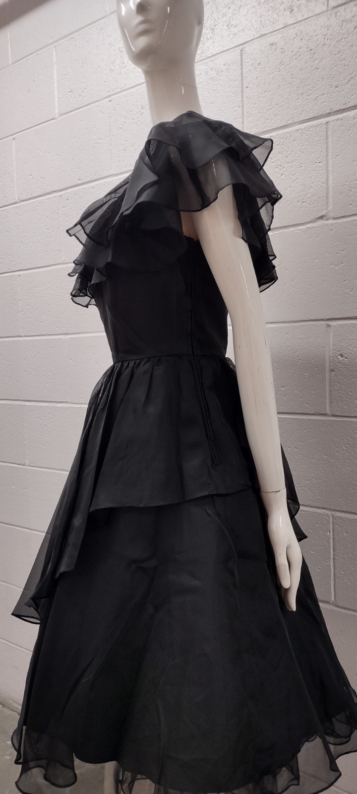 1970s Disco Dress Off The Shoulder Black Poly Nylon Organza Sheer Belted Size S