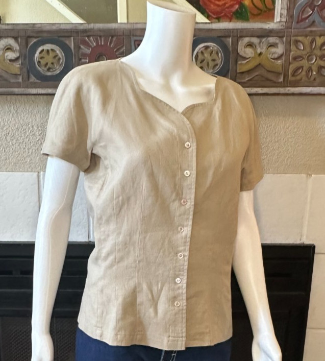 Claude Bennett Short Sleeve 100% Linen Size 12 tan button up blouse vtg