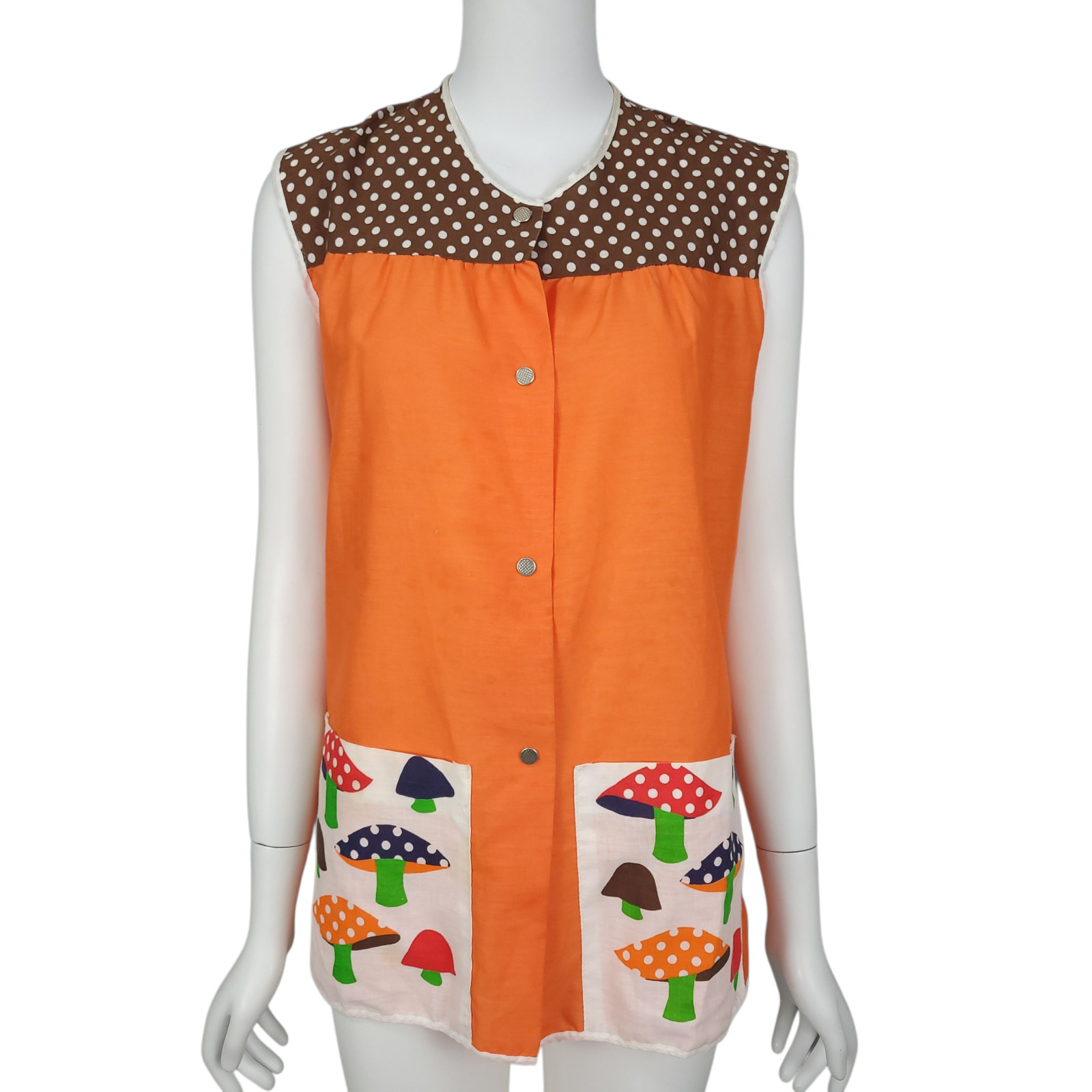 VINTAGE 70s Women’s Smock Top Orange Brown Mushroom Print Snap Button Sleeveless