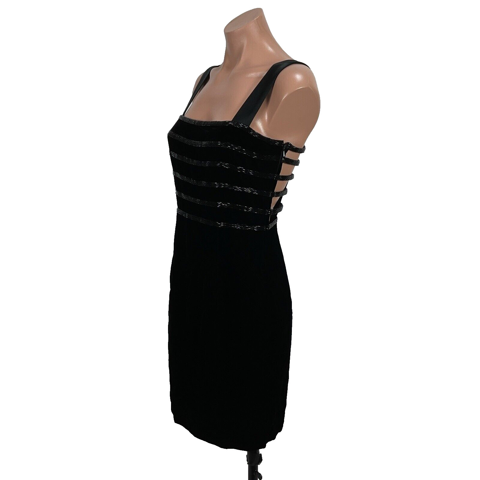 Vtg Nite Line Della Roufogali Beaded Strappy Black Velvet Dress Caged 4 90s