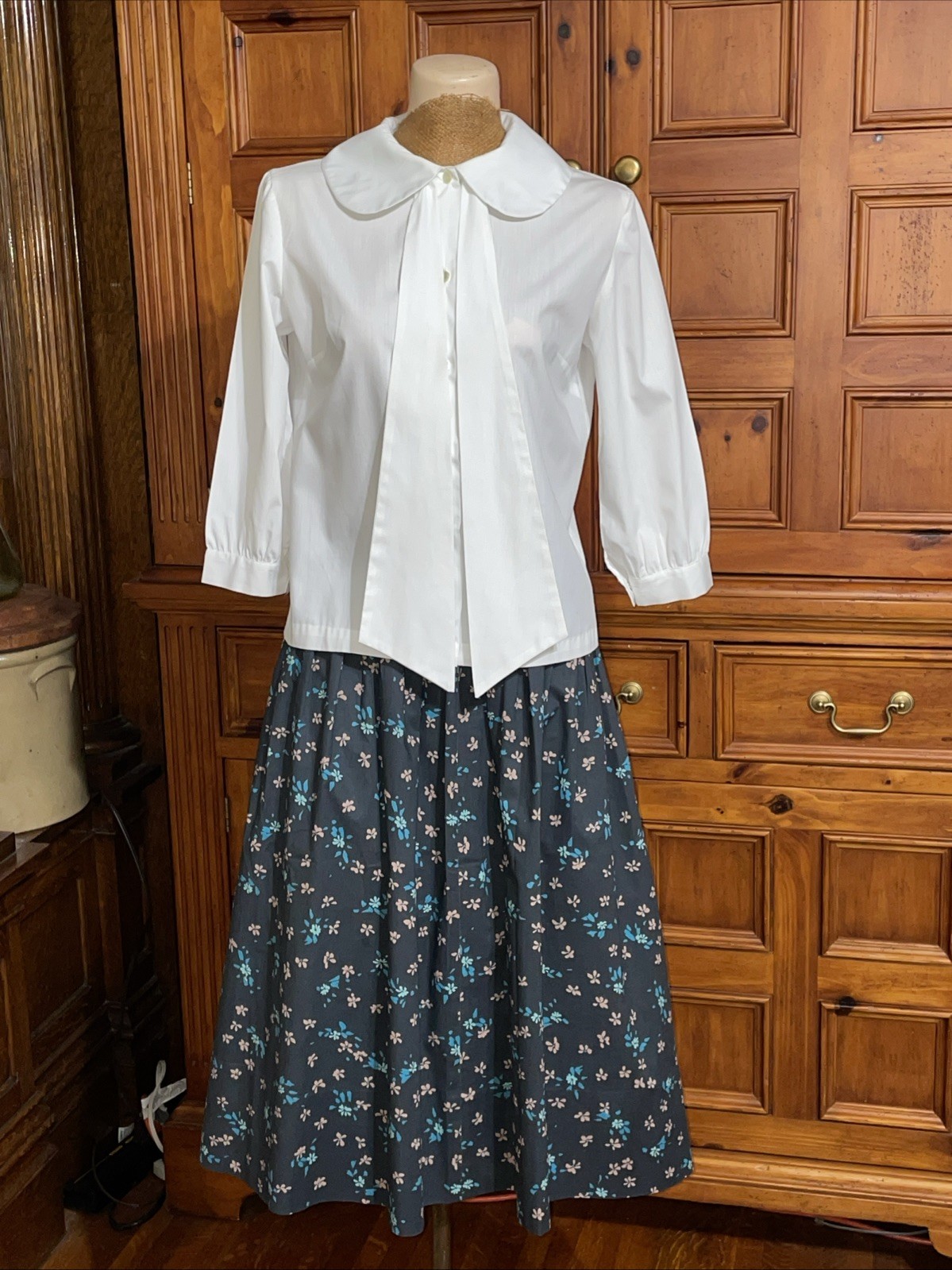 Vintage Sybil White 3/4 Sleeve Blouse Round Collar Detachable Sash Tie Front