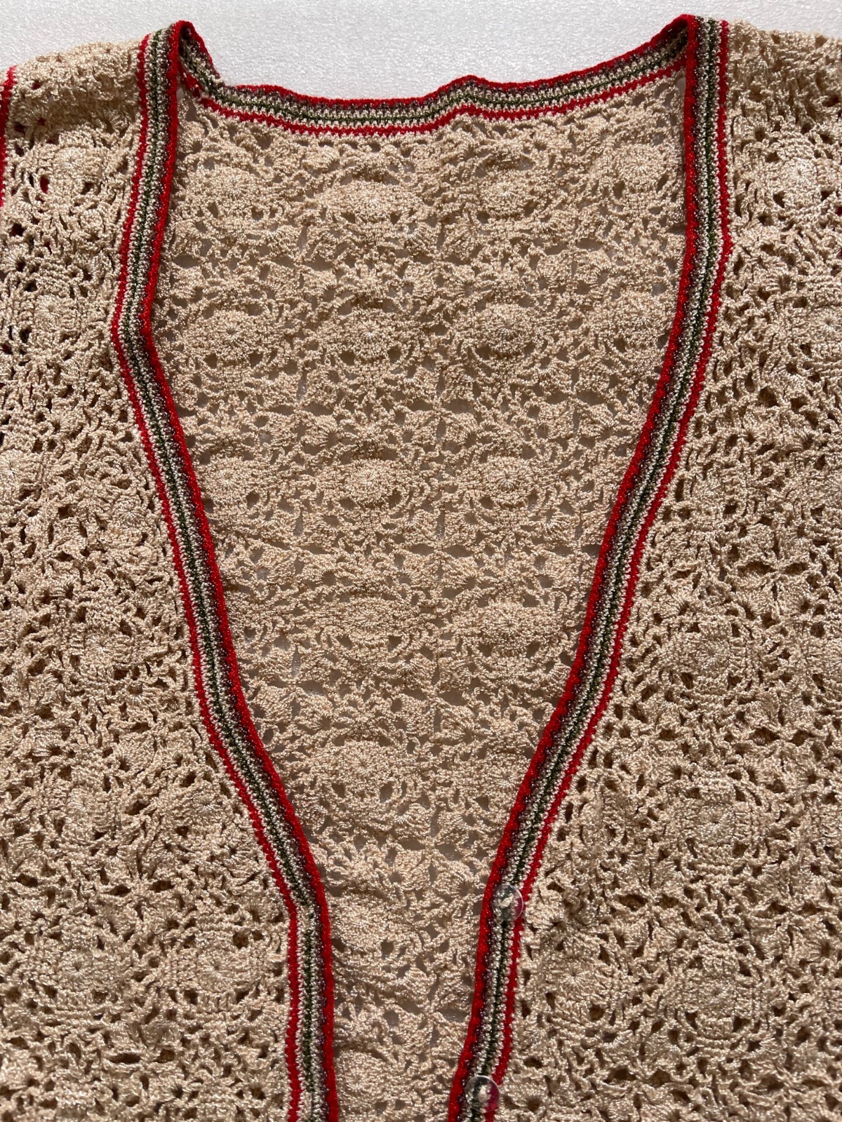 VINTAGE HANDMADE CROCHET BEIGE VEST, BUTTON FRONT, 41″ CHEST 40″ WAIST, L/XL