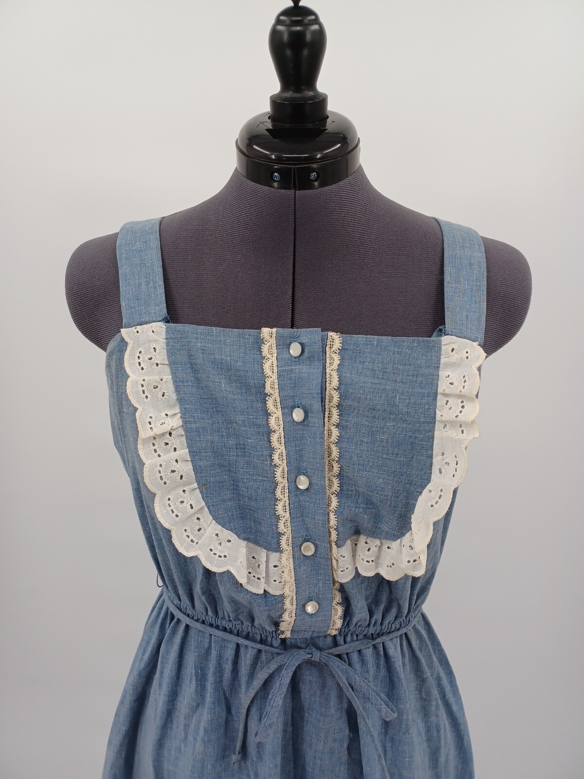 Vintage 1970s Julie Miller Of California Chambray White Lace Bib Prairie Dress