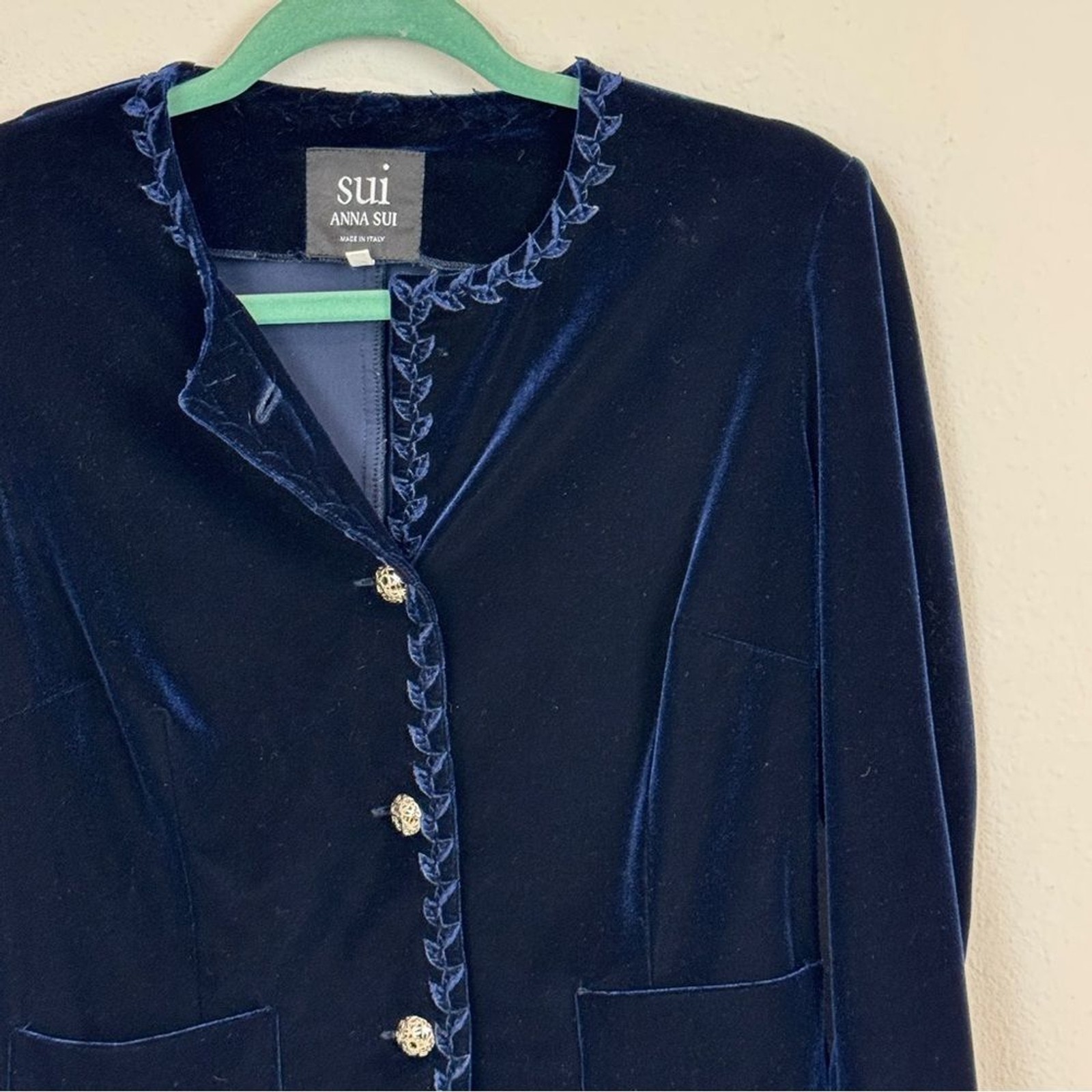 Vintage Anna Sui Embroidered Blue Velvet Blazer 38/S *Missing Button