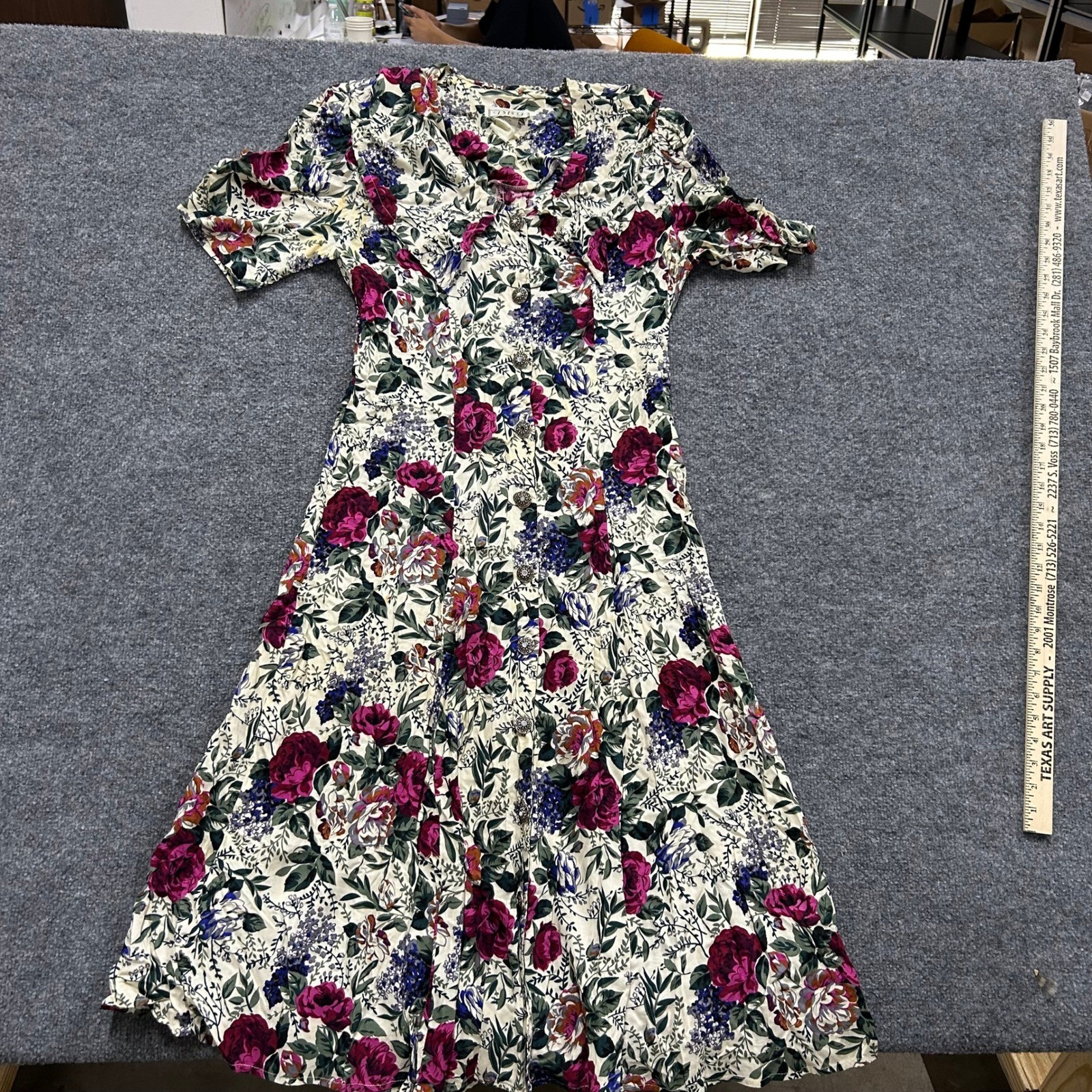 DBY Ltd. Dress Womens Size 11 Cream Floral Rayon Button Front Vintage Midi Flaw