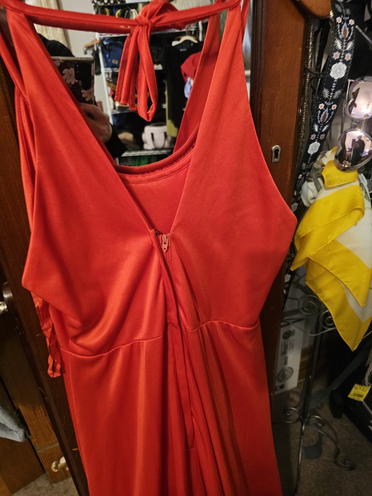 True Vintage Unbranded 1970s Caolet Dress Long Red Disco Evening Caplet Size…