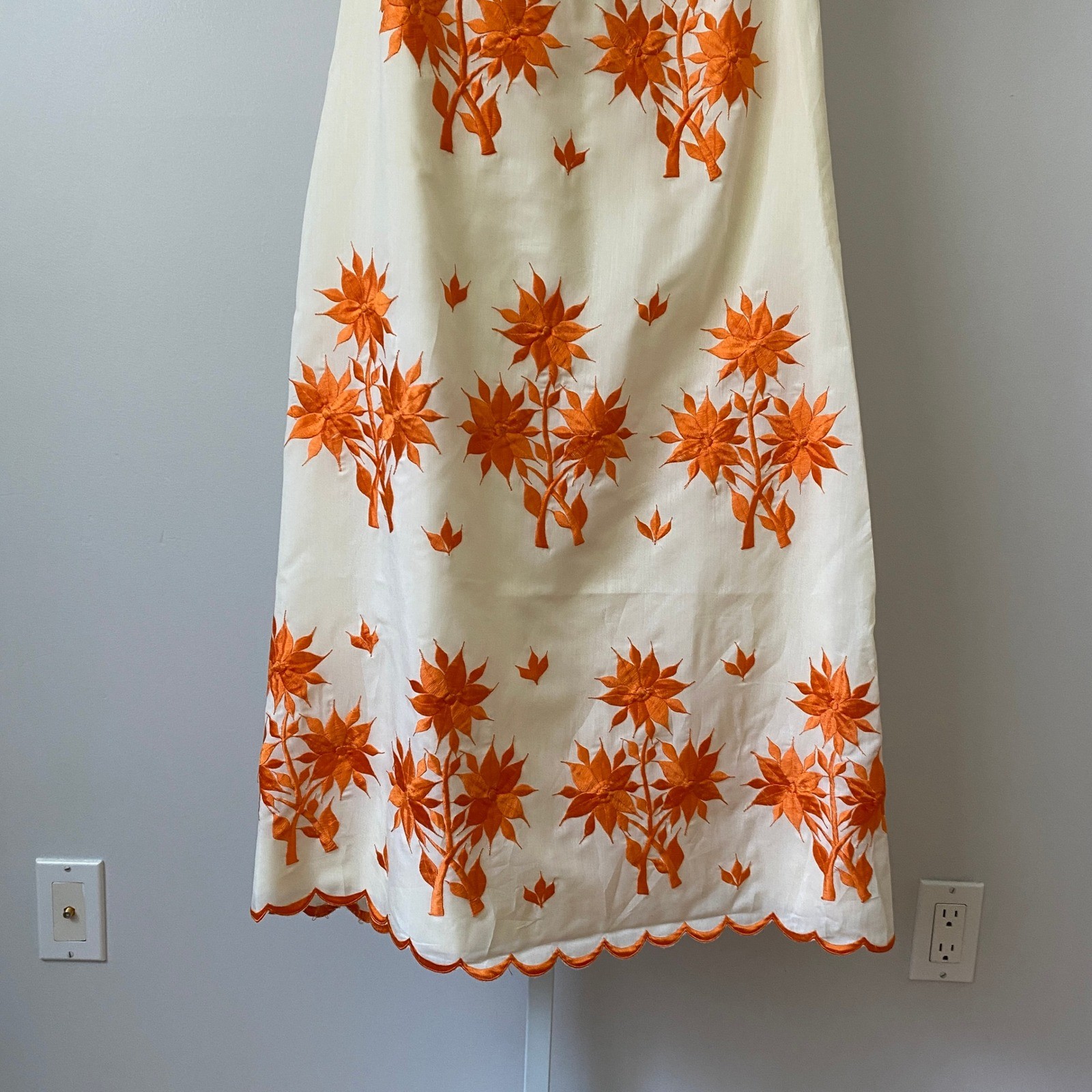 VTG Prairie Dainty Embroidered Floral Scalloped Maxi Dress XS White Orange