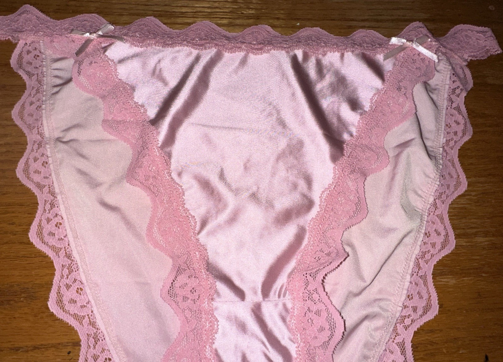 Glossy Pink 2nd Skin Satin & Lace Buttery Soft String Bikini Pantie XL NEW