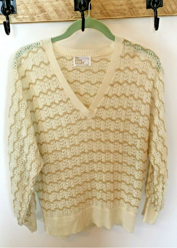 Vtg 1980’s Ivory Off-White & Gold Holiday Dressy Pointelle V-Neck Sweater USA