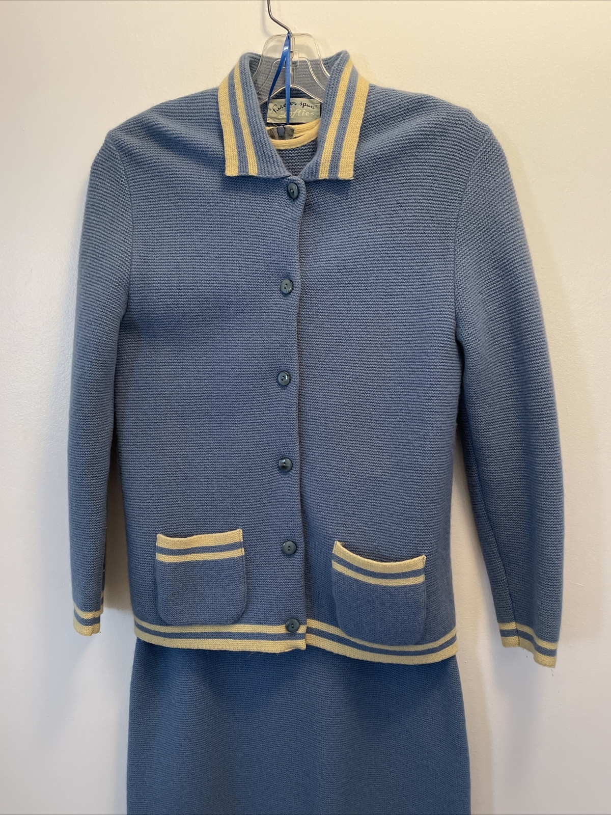 Vintage 1950s LOFTIES Baby Blue Sweater Top& Skirt SET Mid Century Retro Fashion