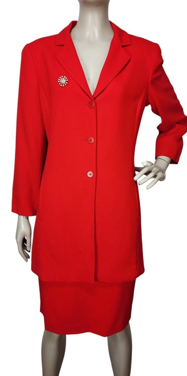 VTG 80s Linda Allard Ellen Tracy 100% Wool Long Blazer & Pencil Skirt Set Brooch