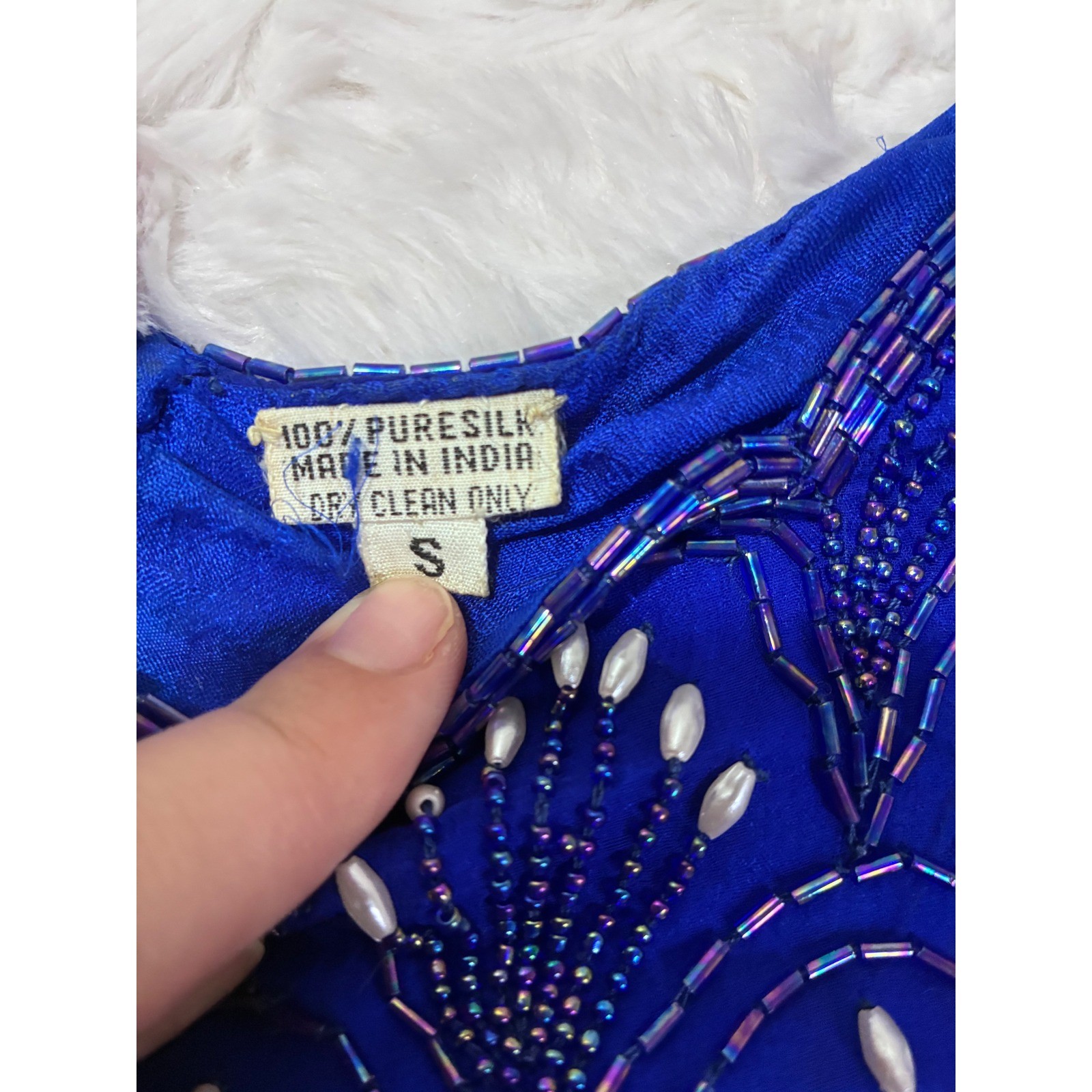 Vintage Royal Blue Silk Beaded Blouse Pearl Scallop Evening Top Small Elegant