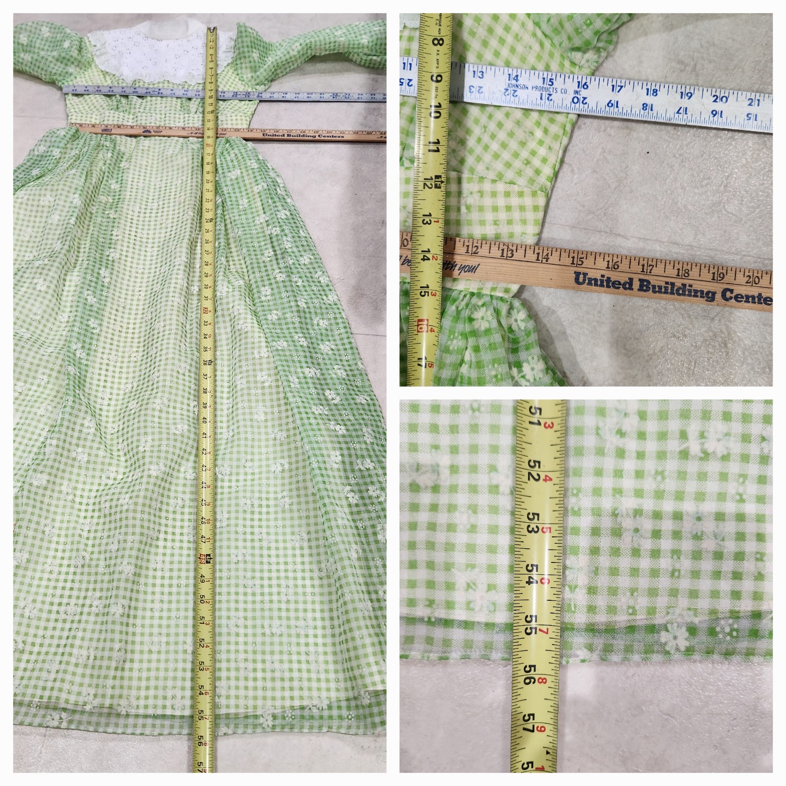 VINTAGE SPRING GREEN FLOCKED SHEER LINED FLORAL LONG DRESS*szS(PicMeasurements)
