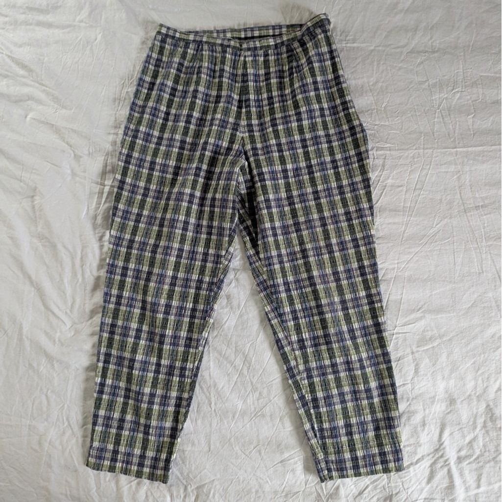 Vtg Express Plaid Trousers Green Navy High Waist Tapered Pants Womens Sz 11/12