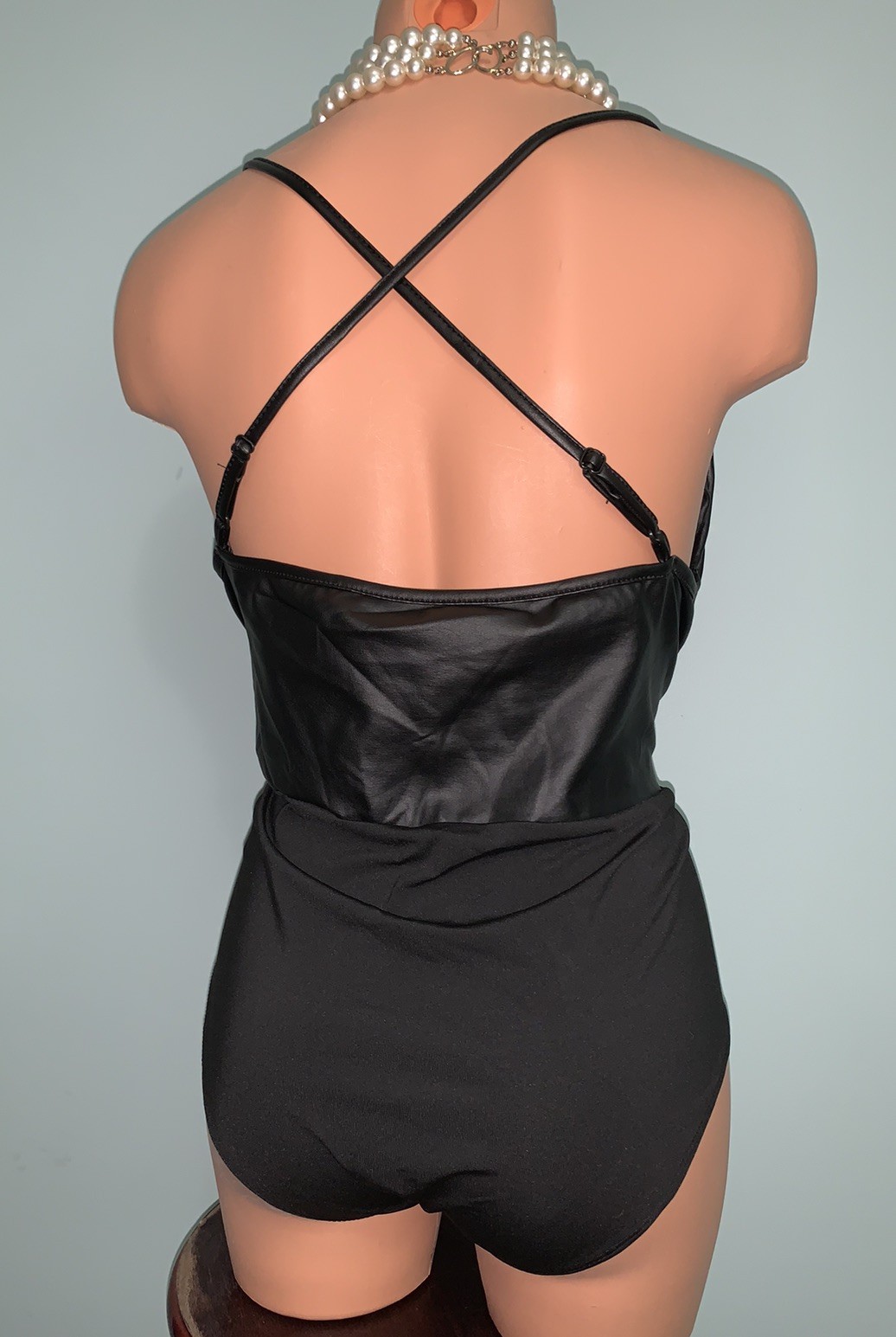 NEW Shiny PU Leather Look Bodysuit Teddy 3X Criss Cross straps Plus Sz
