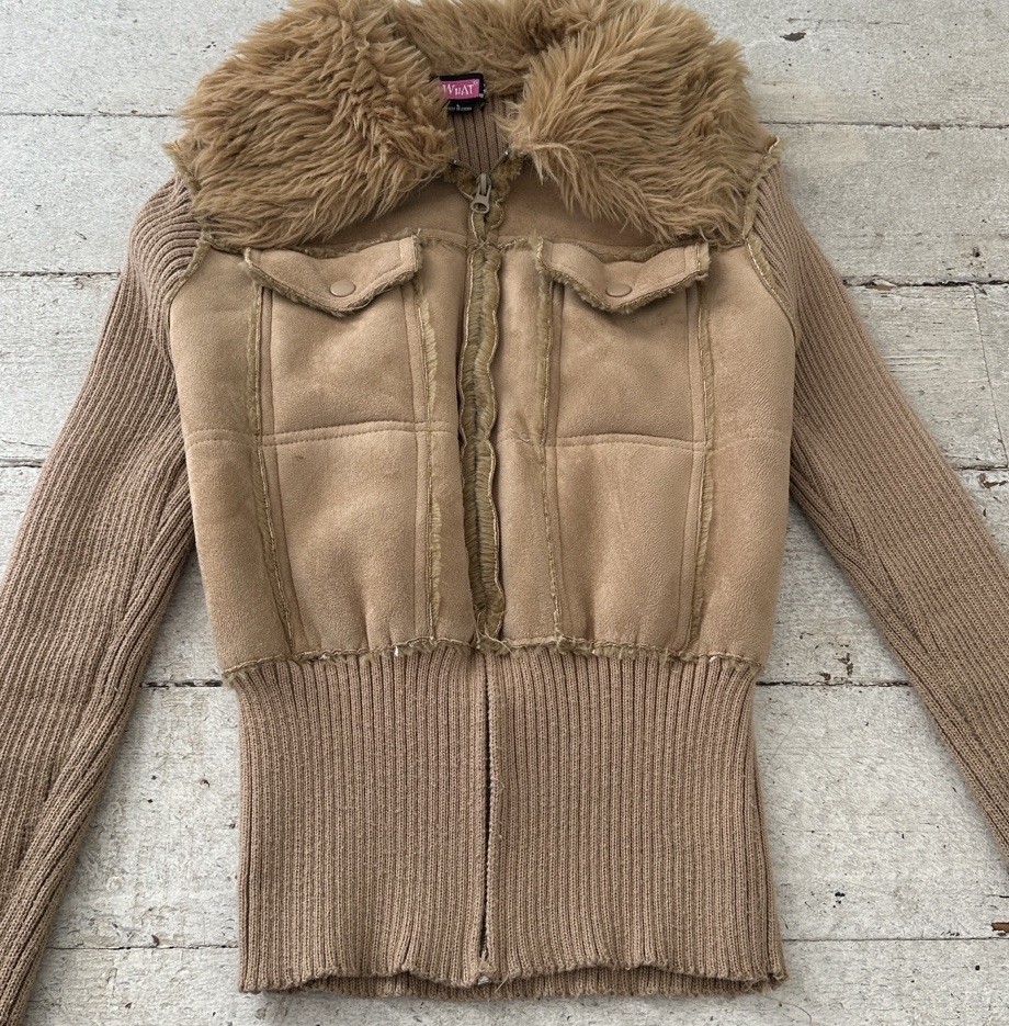 Vintage Y2K Faux Fur/Suede Ribbed Knit Flattering Zip Jacket Almost Famous Core