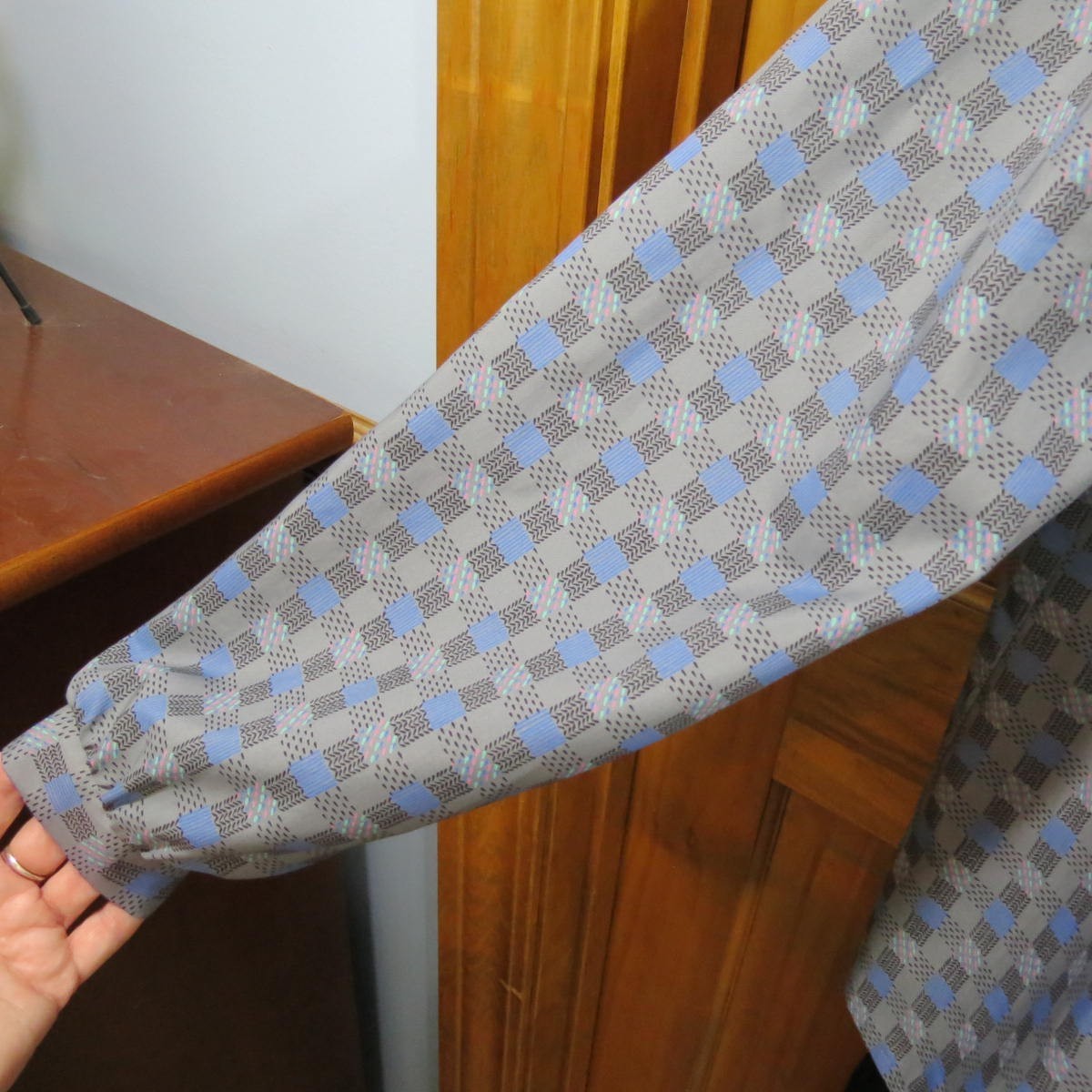 VTG 70s/80s Blouse Lady Arrow Ascot Collection Checkered High Neck Grey Sz 16