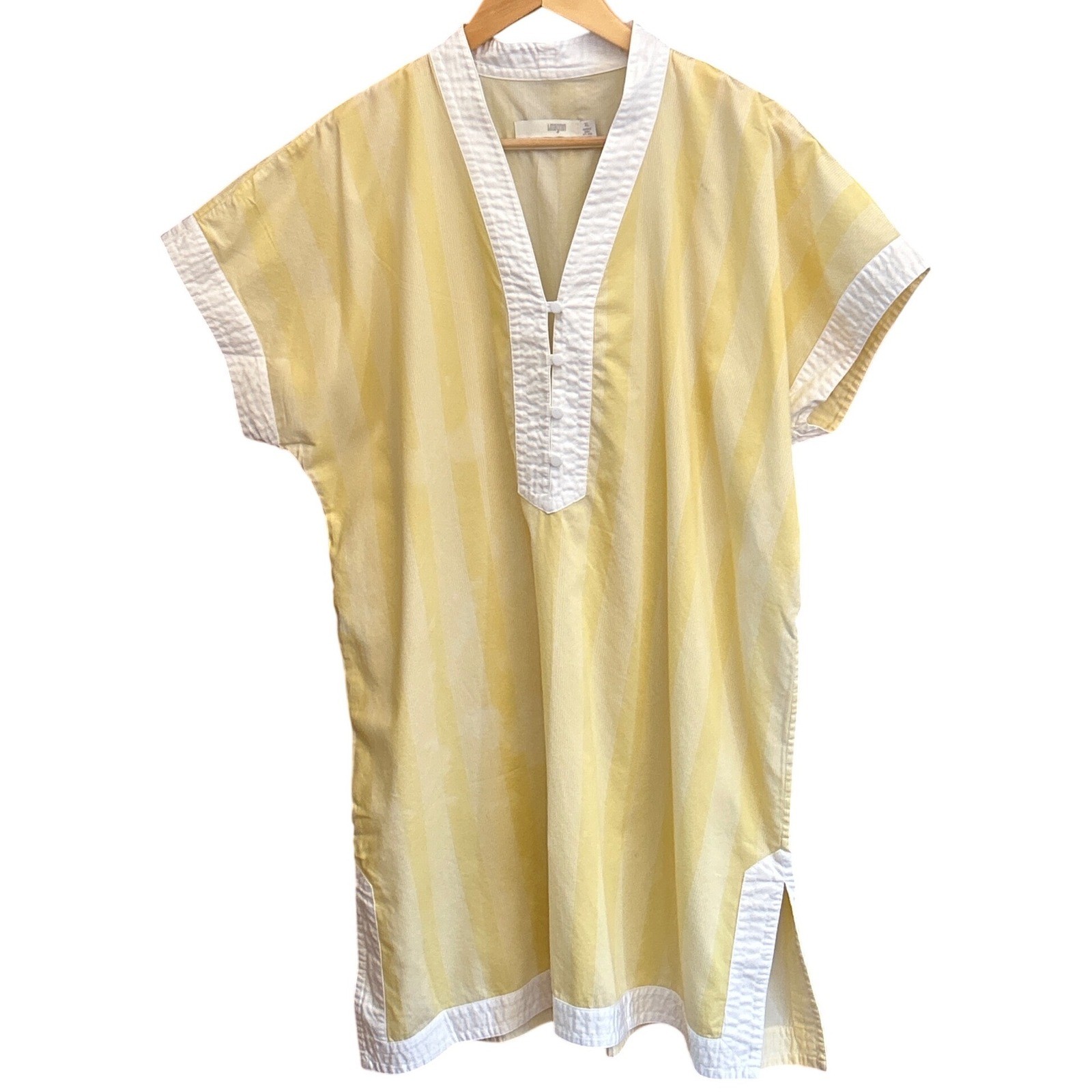 I Magnin Vintage Yellow White Striped Kaftan Dress XL V-Neck Resort Coverup