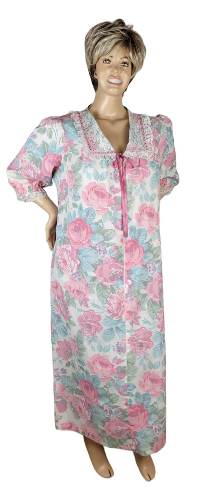 Vintage Wolverine Zip Dressing Gown Robe Pastel Floral Peter Pan Lace Collar L