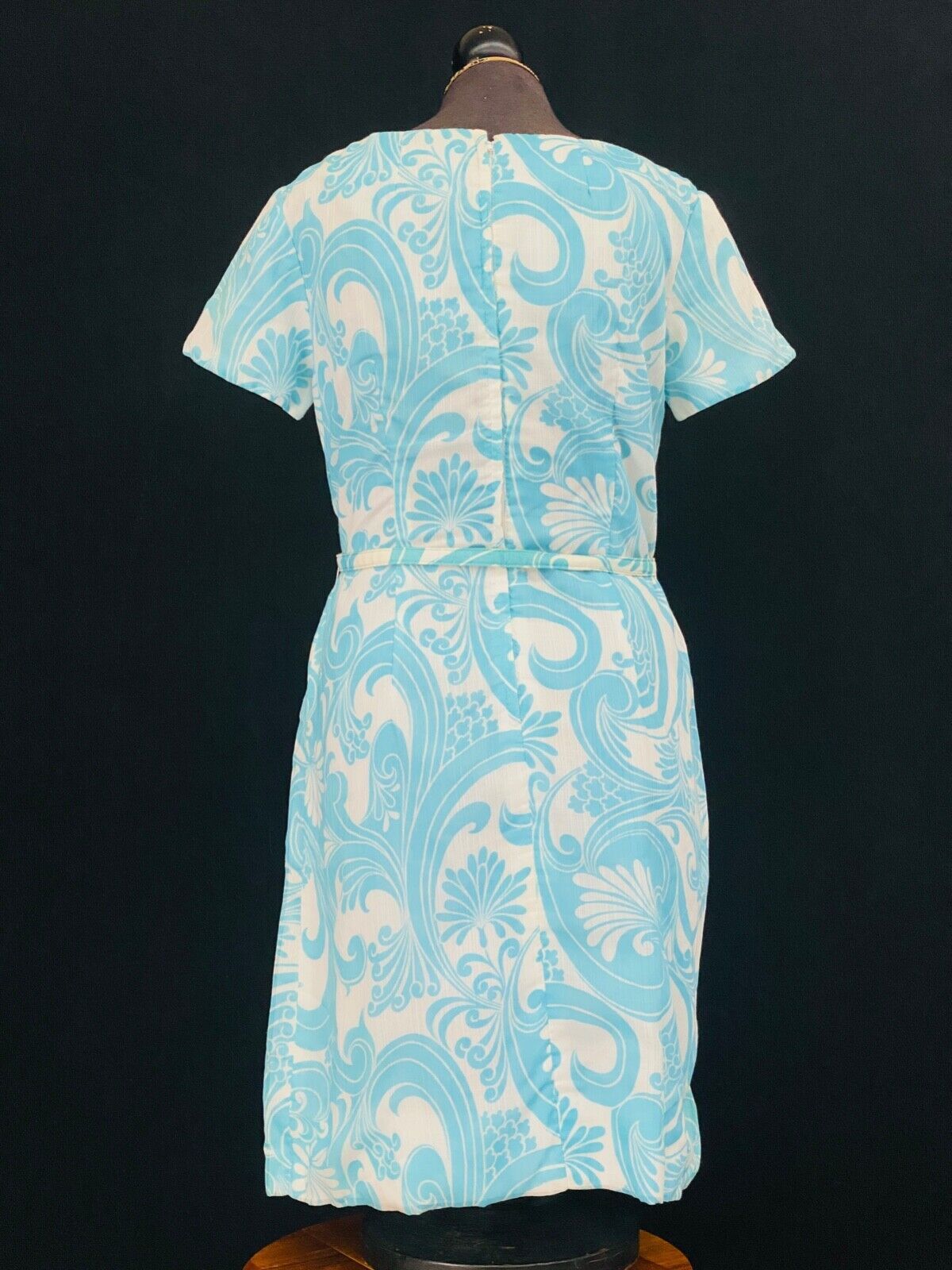 Vintage 1960s turquoise white dress, short sleeve floral summer cotton L
