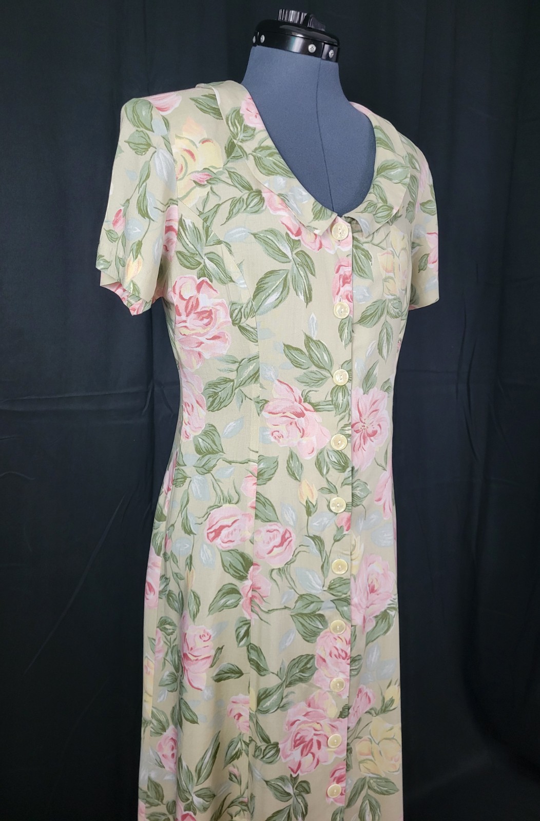 Vintage Ellen Ashley Tan Fit & Flare Button Down Dress w Pastel Florals Size 8