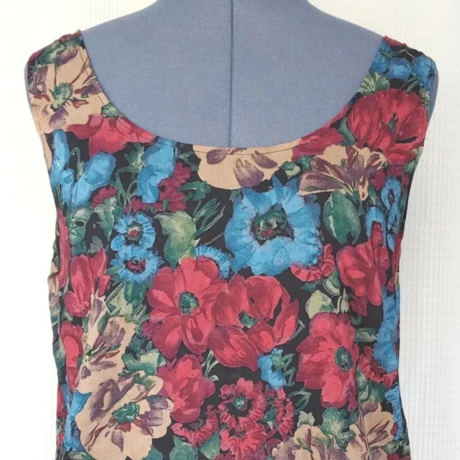 Vintage Wrapper Red/Blue/Tan Floral Tank Top/Sleeveless Top 40″ Bust Sz L?