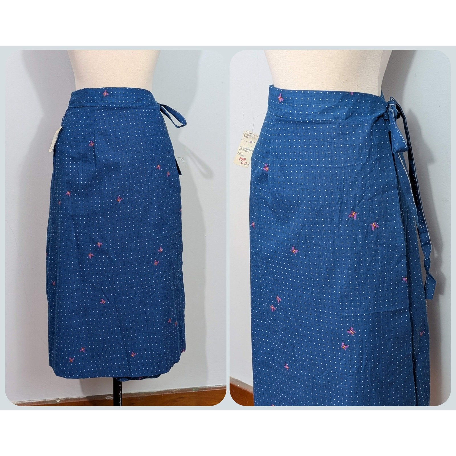 Blue Polka Dotted Butterfly 70s Wrap Skirt