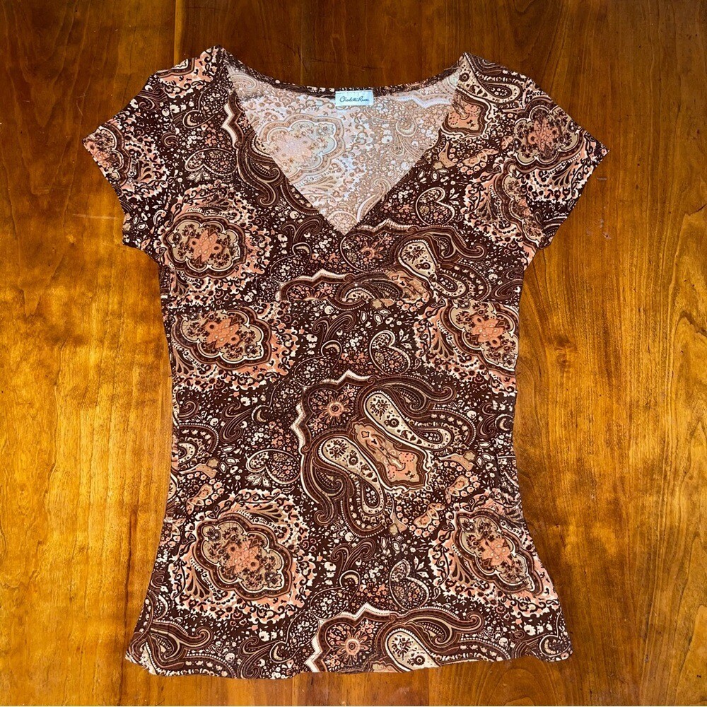 Vintage Made in USA Brown Paisley Babydoll Empire Top with Sparkle