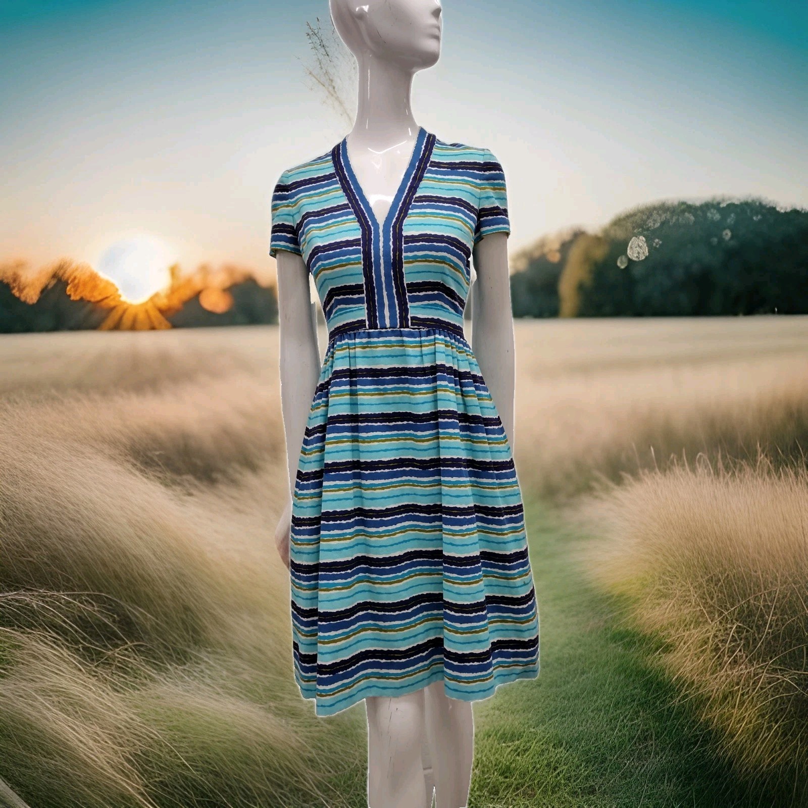 Vintage MCM Papillon Dress Audrey Style Mid Century Stripes Avocado Blue W 24″